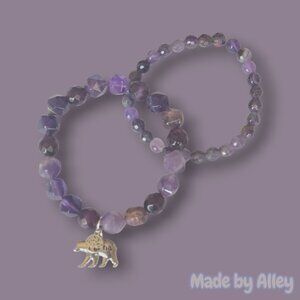 Handmade Set of Two Round Amethyst Beaded Bracelets with Two Silver Charms
